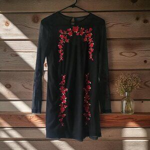Forever 21 Black Mesh Long Sleeve Floral Embroidered Mini Dress -M